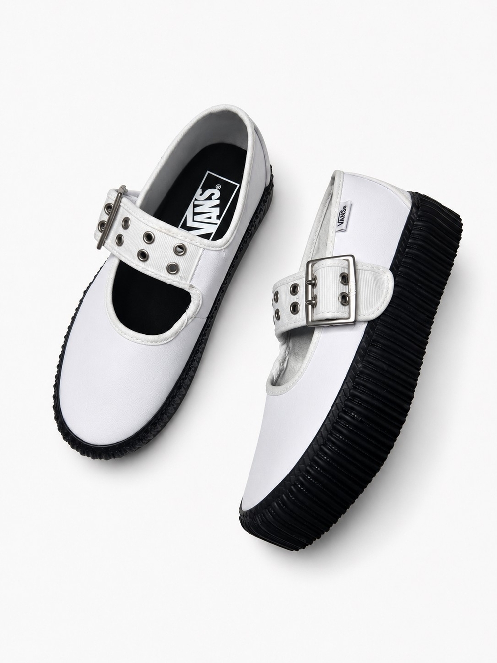 NEW Vans Size Women 5.5 / Kids 4 White Mary Jane Creeper Shoes with Black Sole